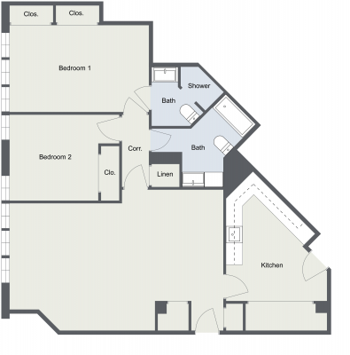 Floor plan for 2 beds, 2 baths, 1300 sqft